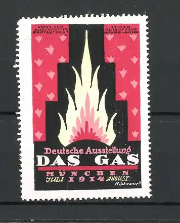 Künstler-Reklamemarke M. Schwarzer, München, Deutsche Ausstellung Das Gas 1914, lodernde Flamme, rot