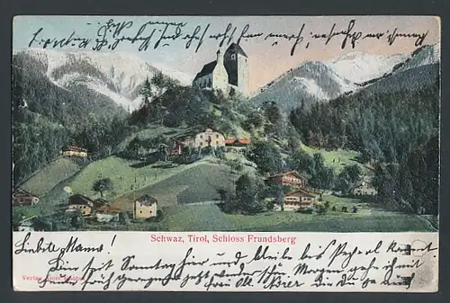 Relief-AK Schwaz, Schloss Frundsberg gegen die Berge