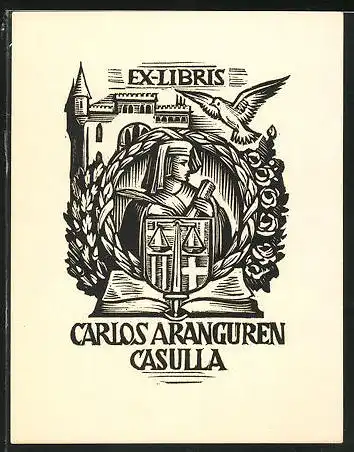 Exlibris von Farell für Carlos Aranguren Casulla, nonne mit Wappen, Taube, Schloss