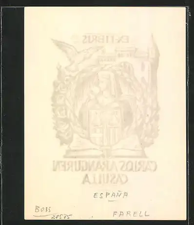 Exlibris von Farell für Carlos Aranguren Casulla, nonne mit Wappen, Taube, Schloss