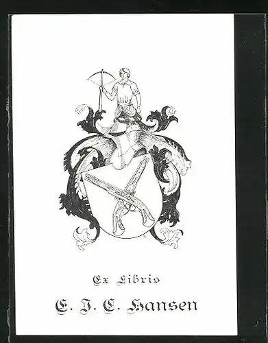 Exlibris Hansen, Wappen mit Pistolen und Armbrustschütze