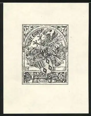 Exlibris Ernst Friedrich Gauers Jud, Hamburg, Wappen mit Adler