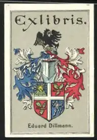 Exlibris von Gebr. Voigt für Eduard Dillmann, Wappen mit Ritterhelm & Adler