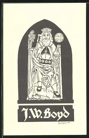 Exlibris von Hornhauer für J.W. Boyd, König auf Thron sitzend, Mischwesen als Untertan