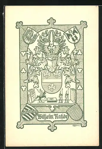 Exlibris von Lorenz Rheude für Wilhelm Nahde, Wappen mit Ritterhelm, Zinnsoldaten