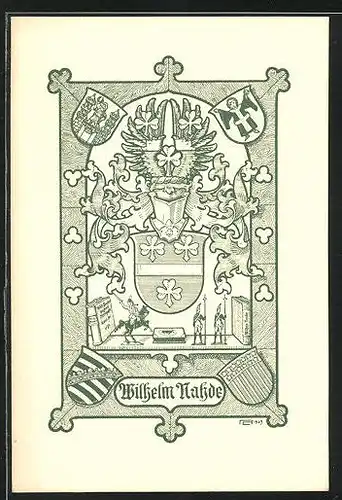 Exlibris von Lorenz Rheude für Wilhelm Nahde, Wappen mit Ritterhelm, Zinnfiguren im Regal, grün