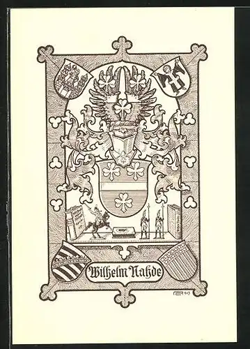Exlibris von Lorenz Rheude für Wilhelm Nahde, Wappen mit Ritterhelm, Soldatenfiguren im Regal