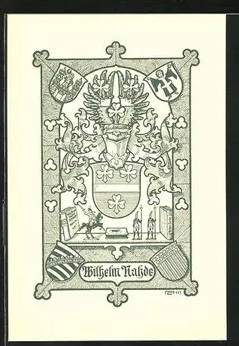Exlibris von Lorenz Rheude für Wilhelm Nahde, Wappen mit Ritterhelm, Soldatenfiguren im Bücherregal