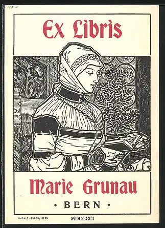 Exlibris von Harald Jensen für Marie Grunau, Bern, Edeldame liest ein Buch