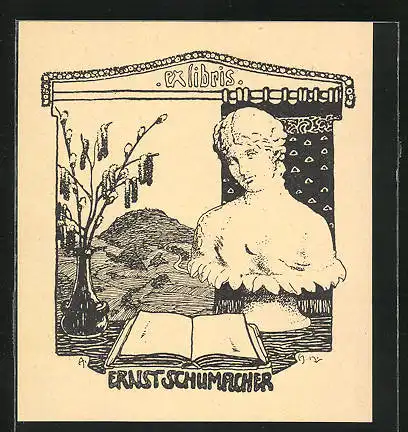 Exlibris Ernst Schumacher, Damenbüste und Vase mit Weidenkätzchen