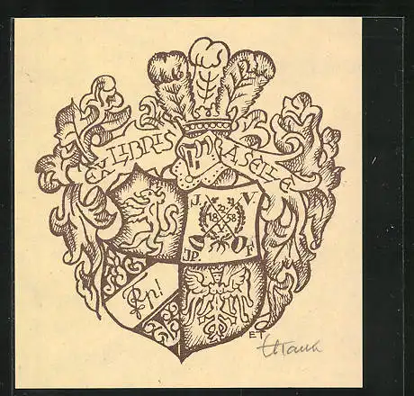 Exlibris von Eberhard Tacke für A. Seille, Wappen mit Ritterhelm