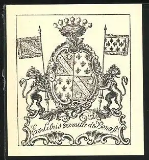 Exlibris Camille de Benaist, Löwen flankieren Wappen