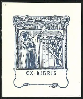 Exlibris von R.E. Kepler, Dame nimmt ein Buch aus dem Bücherregal