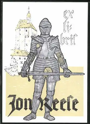 Exlibris Jon Reese, Ritter mit Schwert vor einer Burg