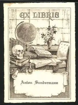 Exlibris Anton Sundermann, Schädel auf einem Schreibtisch, Globus