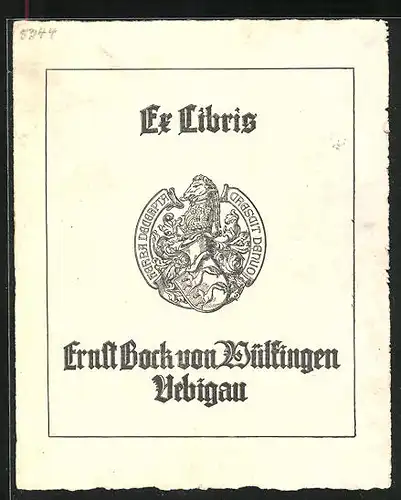 Exlibris Ernst Bock von Wülsingen Uebigau, Wappen mit Ritterhelm und Pferdekopf