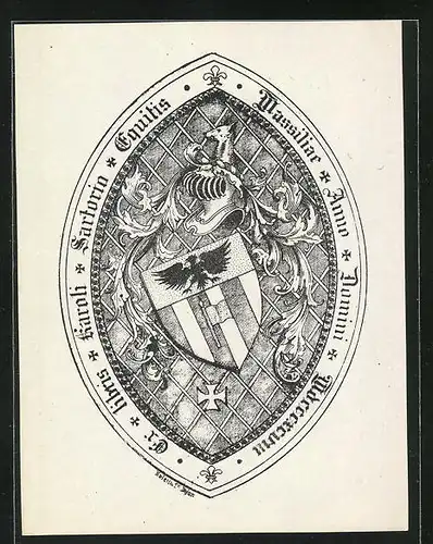 Exlibris Karoli Sartorin Equitis Wassiliae, Wappen mit Adler und Ritterhelm