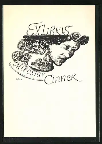 Exlibris von J. Solar für Miroslav Cinner, Teilansicht einer Frauen-Büste