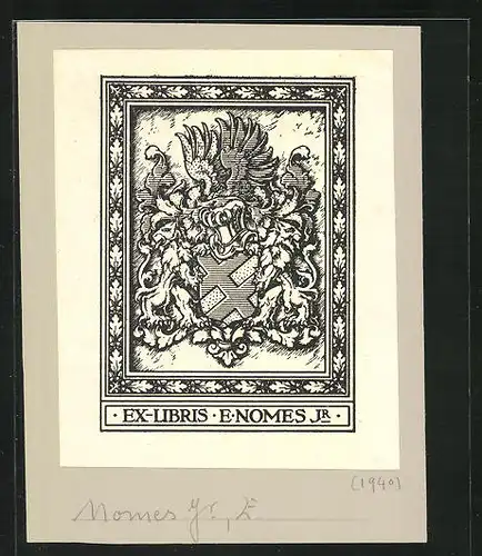 Exlibris E. Nomes Jr., Wappen mit geflügeltem Ritterhelm