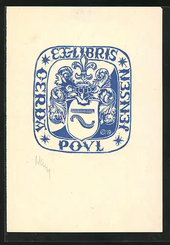 Exlibris Cerda Poul Jensen, Wappen mit Ritterhelm