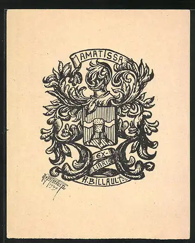 Exlibris H. Billault, Wappen mit Ritterhelm und Verzierungen