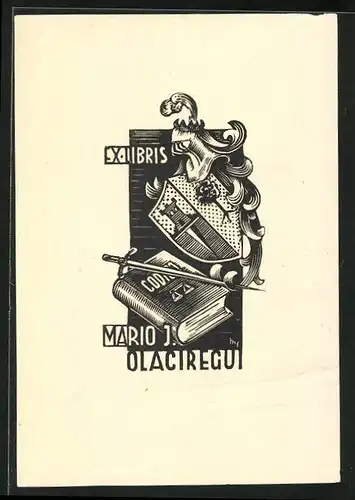 Exlibris Mario J. Olaciregui, Gesetzbuch und Wappen mit Ritterhelm