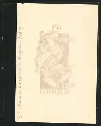 Exlibris Mario J. Olaciregui, Gesetzbuch und Wappen mit Ritterhelm