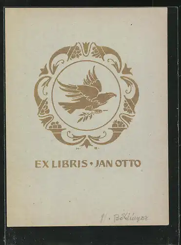 Exlibris von Hugo Böttinger für Jan Otto, Greifvogel in gerahmter Ansicht