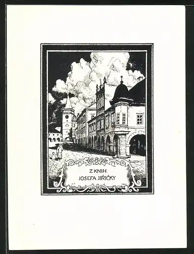 Exlibris Josefa Jiricky, Strassenansicht mit Gebäuden einer Innenstadt