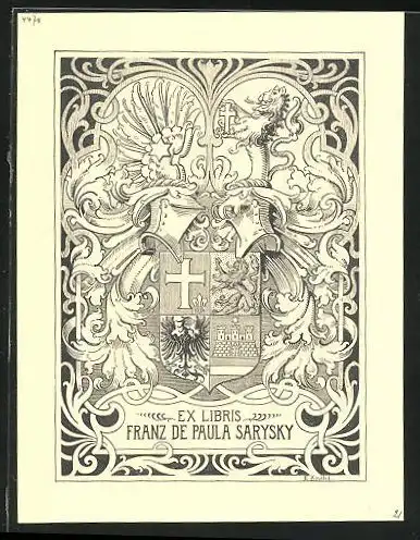 Exlibris von E. Krahl für Franz de Paula Sarysky, Wappen mit Löwe