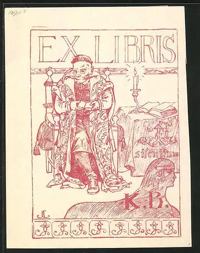 Exlibris K.B., Initialen, Mann mit Taschenbuch, Spyhnx