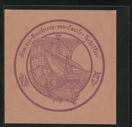 Exlibris Louise Schiffer, Segelschiff auf See, Wappen