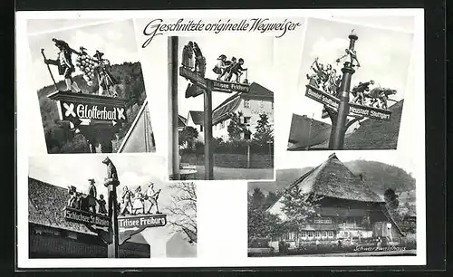 AK Geschnitze originelle Wegweiser, Glotterbad, Titisee, Schluchsee, Schwarzwaldhaus