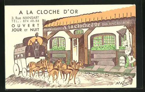 Künstler-AK Paris, A la Cloche D`Or, Restaurant mit Kutsche und Koch