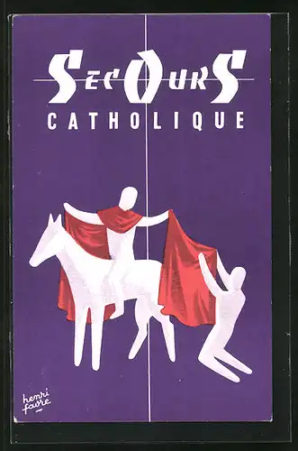 Künstler-AK sign. Henri Favre: Secours Catholique, Sankt Martin teilt seinen Umhang