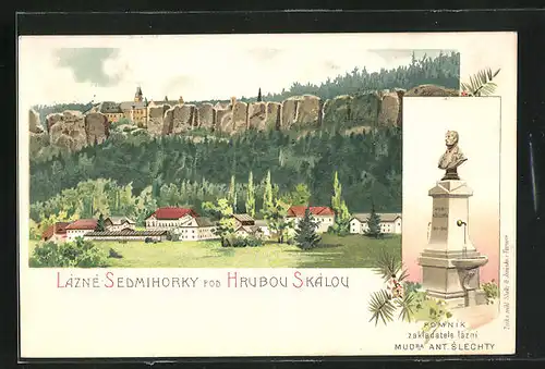 Künstler-AK Lázne Sedmihorky, Ortsansicht mit Schloss im Hintergrund und Brunnen
