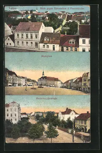 AK Leipa / Ceska Lipa, Blick gegen Gymnasium u. Frauenkirche, Marktplatz, Bretschneiderstrasse