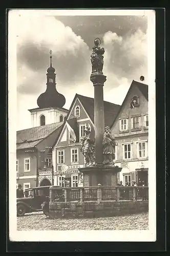 AK Ceský Dub, Mariensäule vor dem Restaurant