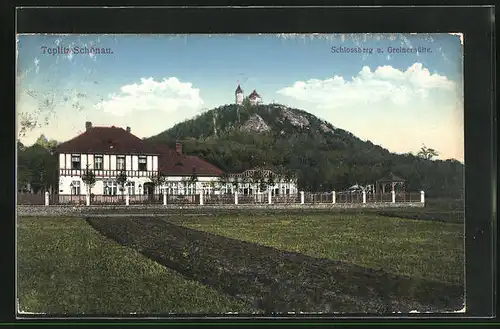 AK Teplitz Schönau / Teplice, Blick auf den Schlossberg und die Greinerhütte