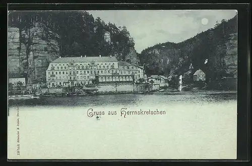 Mondschein-AK Herrnskretschen. Gesellschaft am Fluss