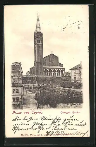 AK Teplitz Schönau / Teplice, Blick auf die evangelische Kirche