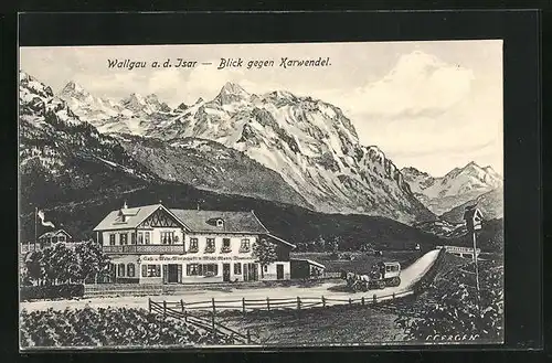 AK Wallgau a. d. Isar, Gastwirtschaft Michl Mayr gegen Karwendel