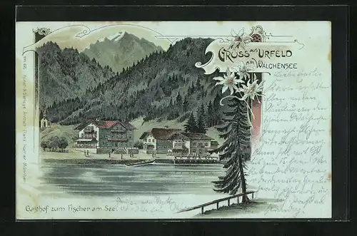 Lithographie Urfeld am Walchensee, Gasthof zum Fischer am See