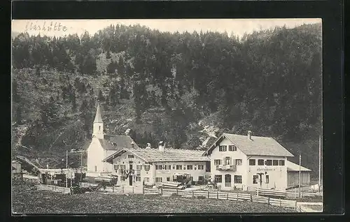 AK Kreuth, Gasthaus Glashütte mit Waldhängen und Kirche