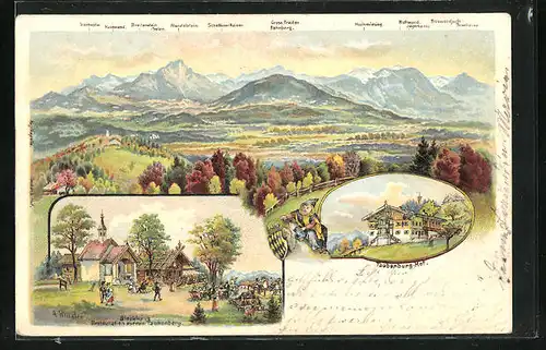 Lithographie Warngau, Totalansicht im Herbst mit Gebirgskette, Gasthaus Taubenburg