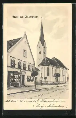 AK Thannhausen, Ortspartie mit Geschäft und Kirche