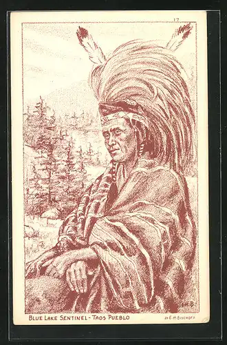AK Blue Lake Sentinel, Taos Pueblo, Indianer mit Federschmuck