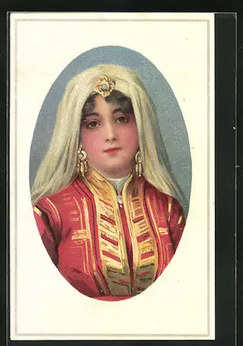 Passepartout-AK Brustportrait einer Rumänin in Trachtenkleidung mit Kopftuch