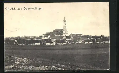 AK Obermedlingen, Feldpartie mit Blick zur Kirche