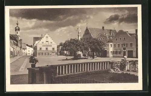 AK Grafing, Marktplatz mit Denkmal und Springbrunnen